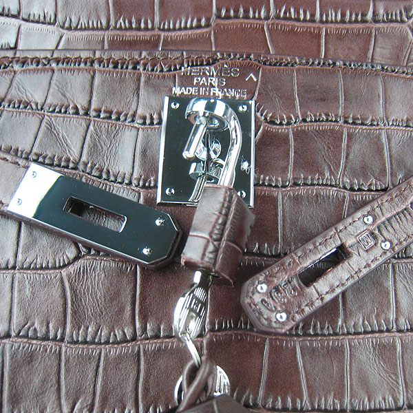 7A Replica Hermes Kelly 32cm Crocodile Veins Leather Bag Dark Coffee 6108